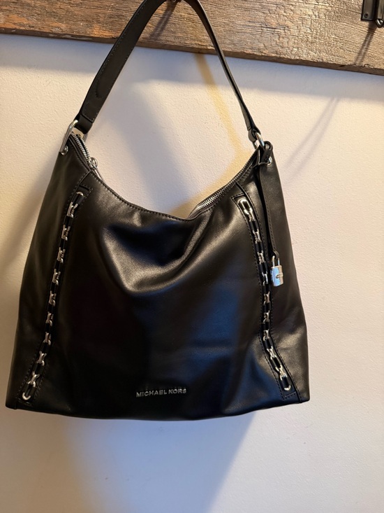Michael Kors Handbags - Michael Kors Black Leather Shoulder Hobo with Chain-Trim EUC